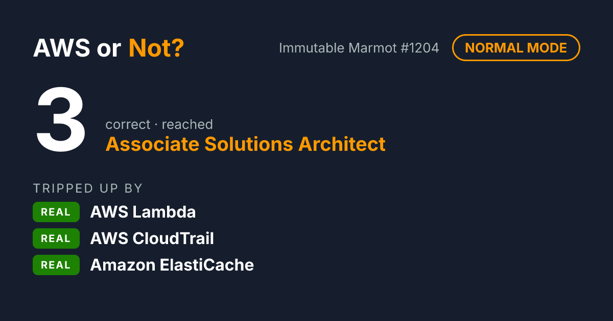 I scored 3 on AWS or Not? (Normal mode) and reached Associate Solutions Architect. Can you tell real AWS services from made-up ones?