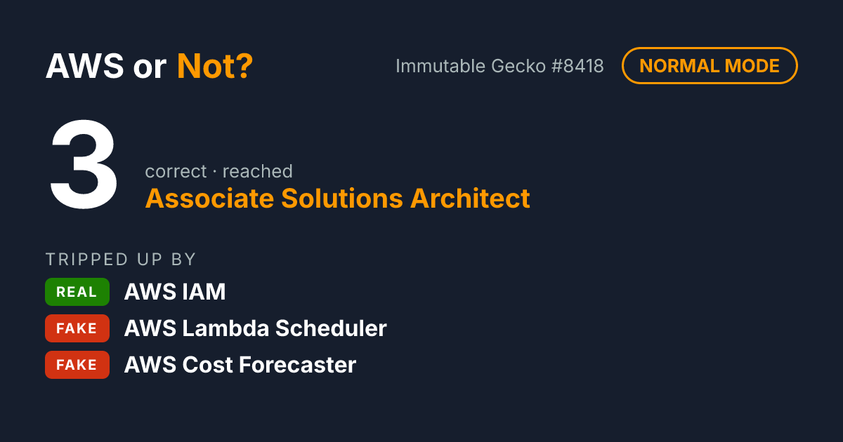 I scored 3 on AWS or Not? (Normal mode) and reached Associate Solutions Architect. Can you tell real AWS services from made-up ones?