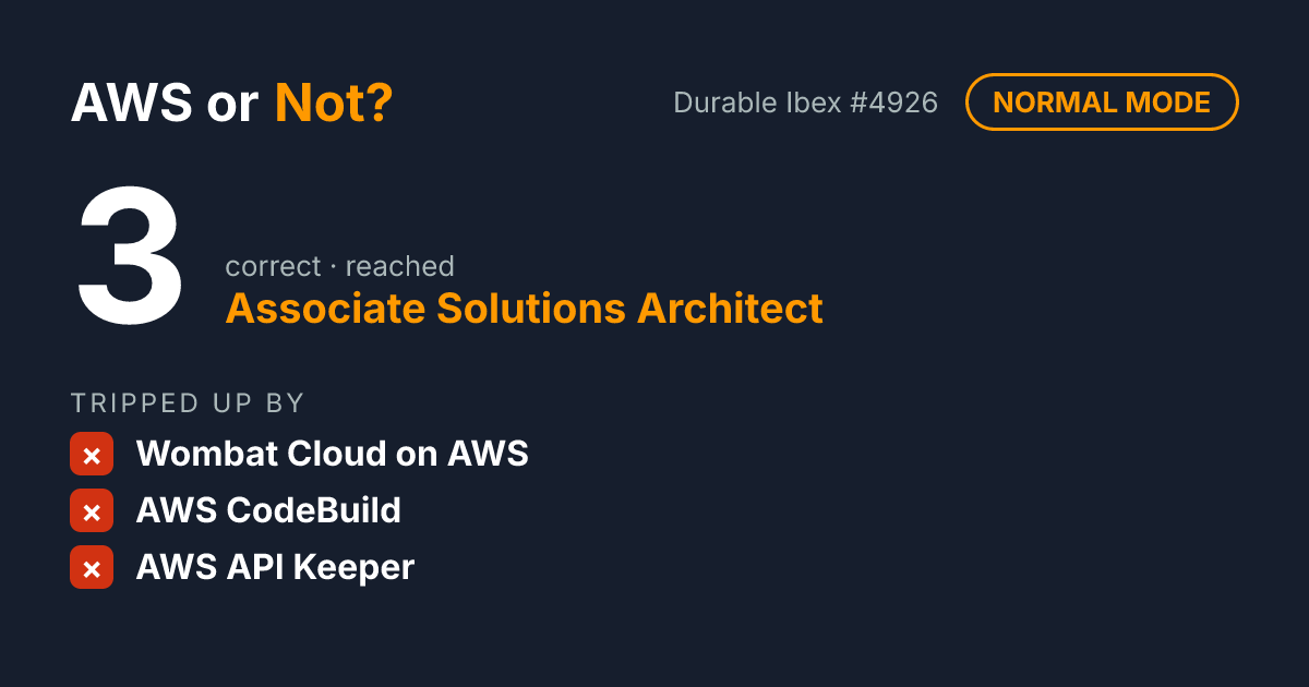 I scored 3 on AWS or Not? (Normal mode) and reached Associate Solutions Architect. Can you tell real AWS services from made-up ones?