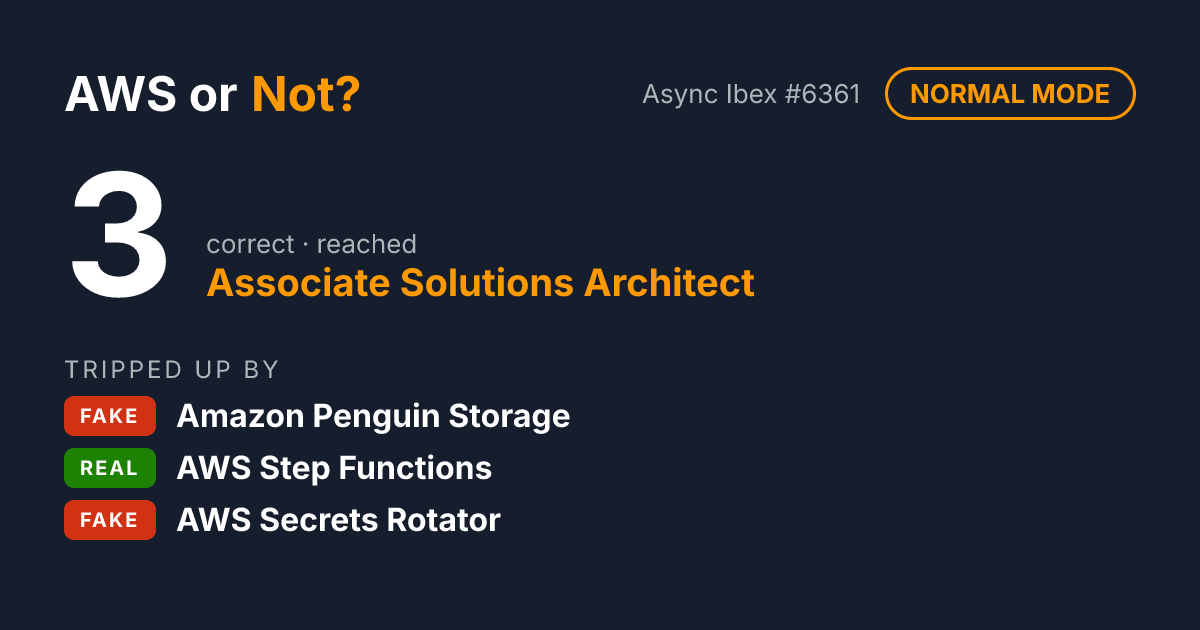 I scored 3 on AWS or Not? (Normal mode) and reached Associate Solutions Architect. Can you tell real AWS services from made-up ones?
