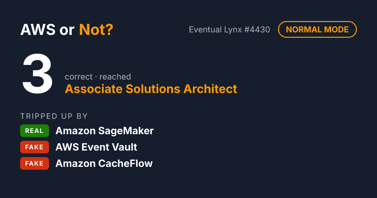I scored 3 on AWS or Not? (Normal mode) and reached Associate Solutions Architect. Can you tell real AWS services from made-up ones?